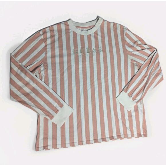 Guess Other - Guess Los Angeles Retro Pink White Striped Long Sleeve Shirt Unisex Mens Sz XL